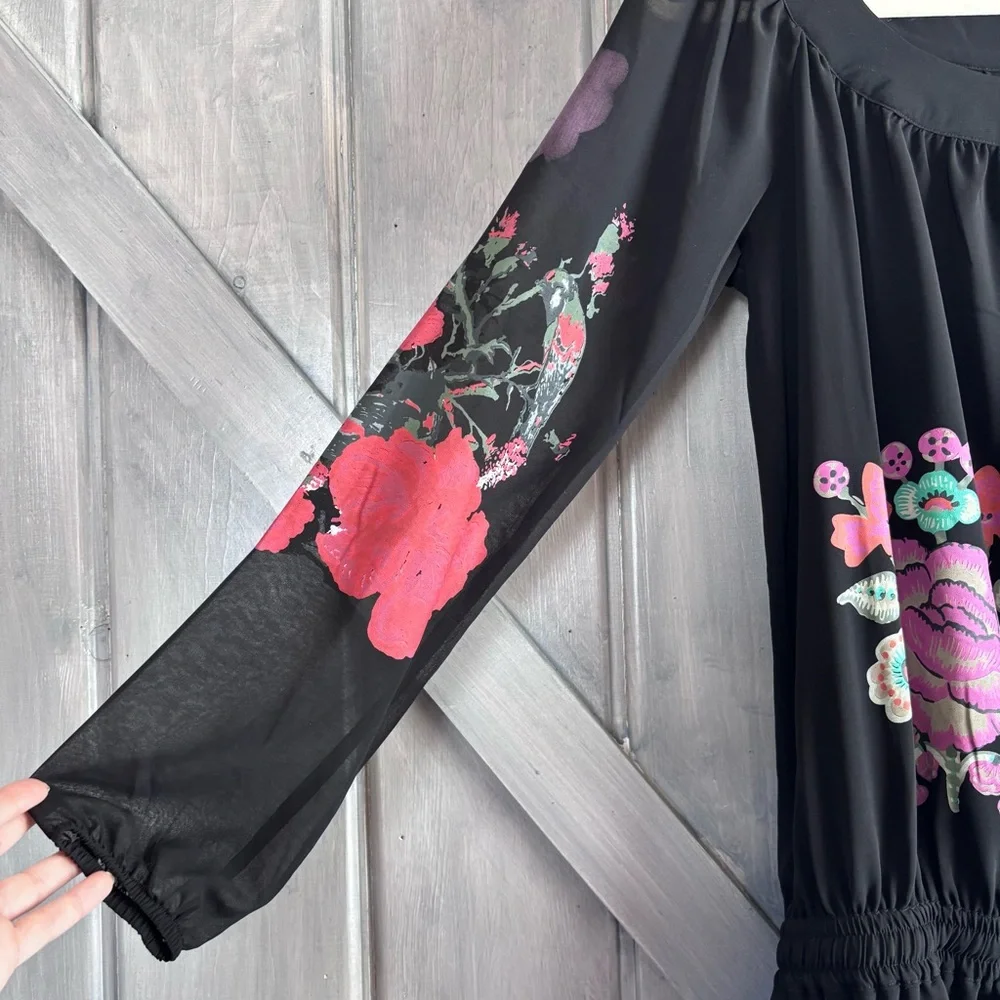 DESIGUAL Black Drop Waist‎ Flowy Dress Printed sleeves Size M - Picture 5 of 14